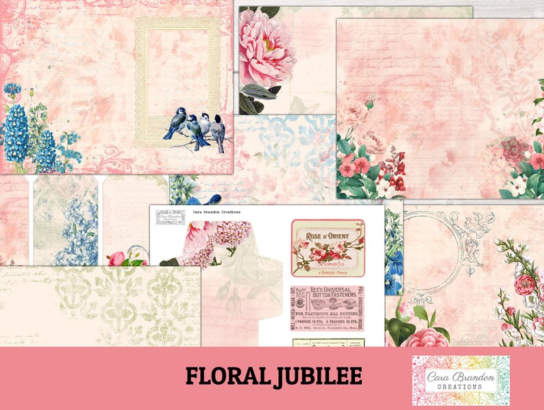 May include: A digital paper pack with a floral theme. The pack includes various designs featuring roses, birds, and other floral elements. The designs are in shades of pink, blue, and green. The text "Floral Jubilee" is displayed at the bottom of the image.