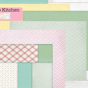 May include: A collection of 10 digital paper patterns in a retro kitchen theme. The patterns include gingham, polka dots, and floral designs in shades of green, pink, and yellow.