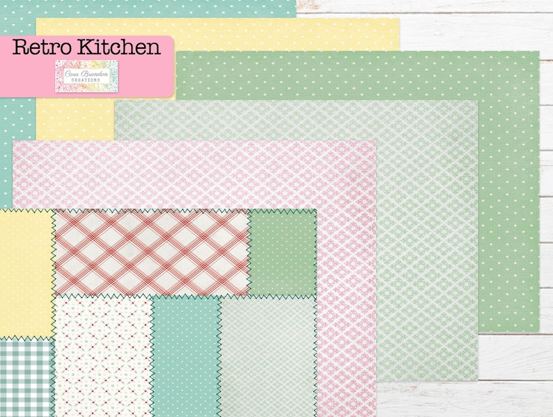 May include: A collection of 10 digital paper patterns in a retro kitchen theme. The patterns include gingham, polka dots, and floral designs in shades of green, pink, and yellow.