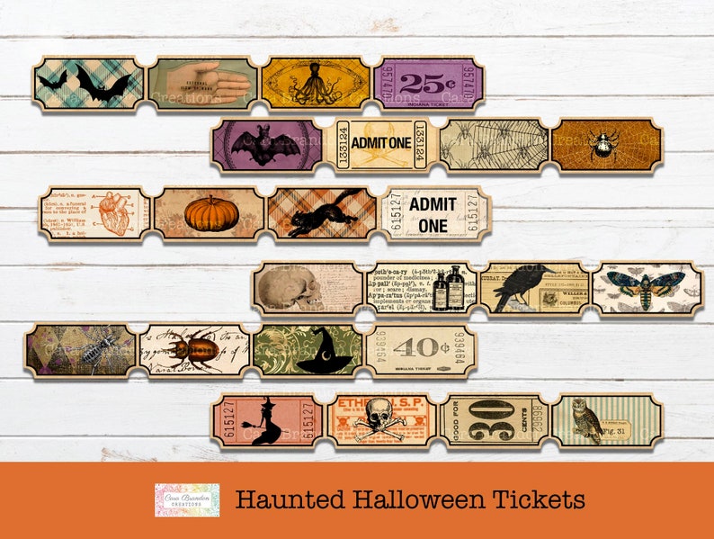 May include: A set of 10 printable Halloween ticket designs featuring vintage illustrations of bats, pumpkins, skulls, owls, and other spooky imagery. The tickets are labeled with the text "ADMIT ONE" and "25c" and "40c".