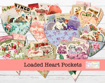 Vintage Valentine Ephemera, Heart Pockets for Junk Journal (Digital Download)