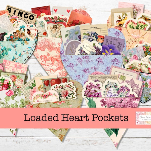 Loaded Heart Pockets, Vintage Valentine Ephemera, Heart Pockets, Junk Journal Pockets, Valentine Pocket