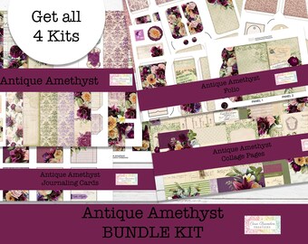 Bundle Antique Amethyst Junk Journal Kit, Journaling Cards, Collage Pages, Folio Kit