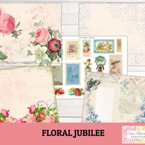 May include: A digital collage sheet with a floral theme. The sheet features images of roses, birds, and vintage illustrations. The text "Floral Jubilee" is printed at the bottom of the sheet.