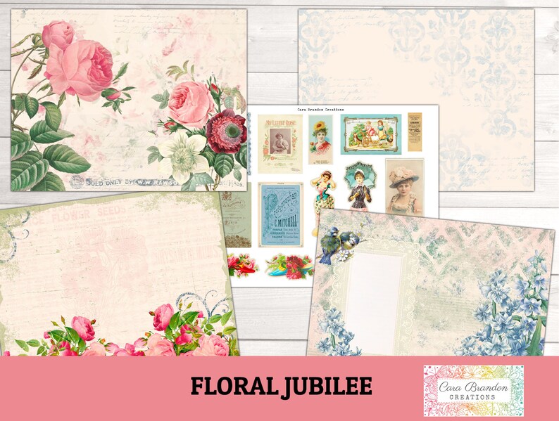 May include: A digital collage sheet with a floral theme. The sheet features images of roses, birds, and vintage illustrations. The text "Floral Jubilee" is printed at the bottom of the sheet.