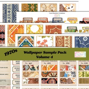 May include: A collection of 1970s wallpaper sample cards featuring diverse patterns including floral, paisley, geometric, and animal motifs in orange, brown, green, and blue tones. The cards include labels like Decorator Selection and Wallpaper B.