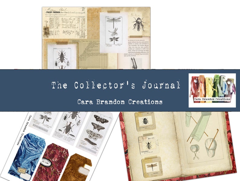 May include: A digital collage sheet with vintage illustrations of insects, a dragonfly, and a journal with the text "The Collector's Journal Cara Brandon Creations".