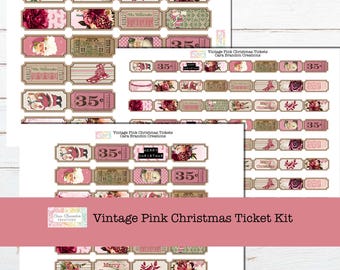 Vintage Pink Christmas Ticket Ephemera, Junk Journal Kit (Digital Download)