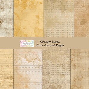May include: Eight digital paper pages with a grunge aesthetic. The pages are lined and have a distressed, aged look. The pages are perfect for junk journaling or other paper crafts.