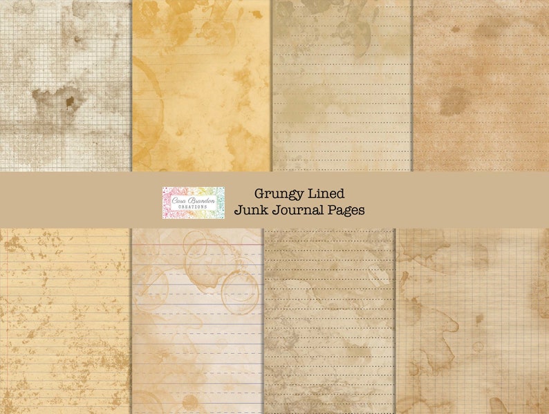 May include: Eight digital paper pages with a grunge aesthetic. The pages are lined and have a distressed, aged look. The pages are perfect for junk journaling or other paper crafts.