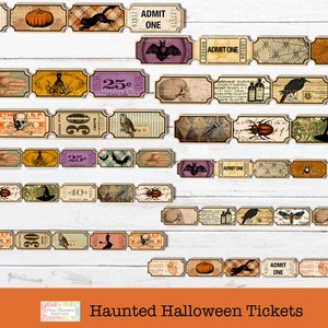 May include: A set of vintage-style Halloween ticket images featuring various spooky and whimsical designs, including bats, pumpkins, skulls, and a witch's hat. The tickets are printed on a textured paper with a distressed look and have text that reads "ADMIT ONE", "25&cent;", "30&cent;", and "40&cent;".