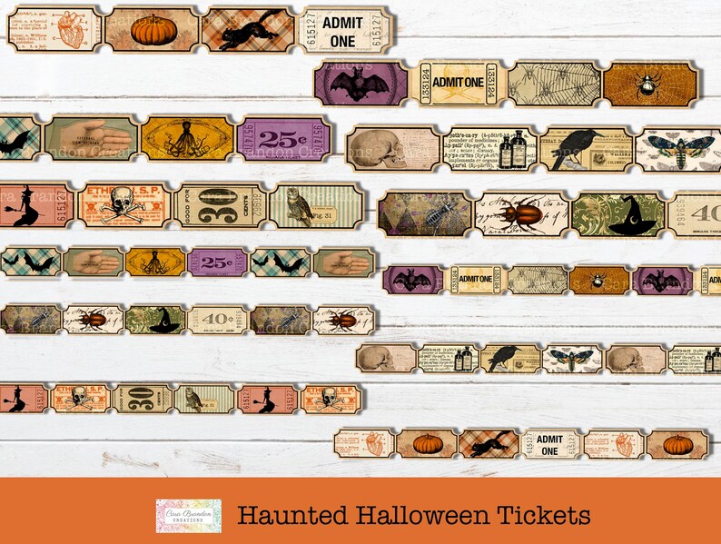 May include: A set of vintage-style Halloween ticket images featuring various spooky and whimsical designs, including bats, pumpkins, skulls, and a witch's hat. The tickets are printed on a textured paper with a distressed look and have text that reads "ADMIT ONE", "25&cent;", "30&cent;", and "40&cent;".