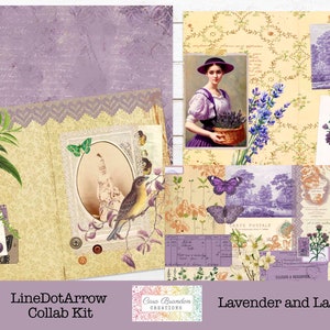 Peut inclure: Un kit de collage num&eacute;rique avec une esth&eacute;tique vintage, comprenant des fleurs de lavande, de la dentelle et une femme en robe violette tenant un panier de lavande. Le kit est intitul&eacute; "Lavender and Lace" et est une collaboration entre LineDotArrow et Clara Brandon Creations.