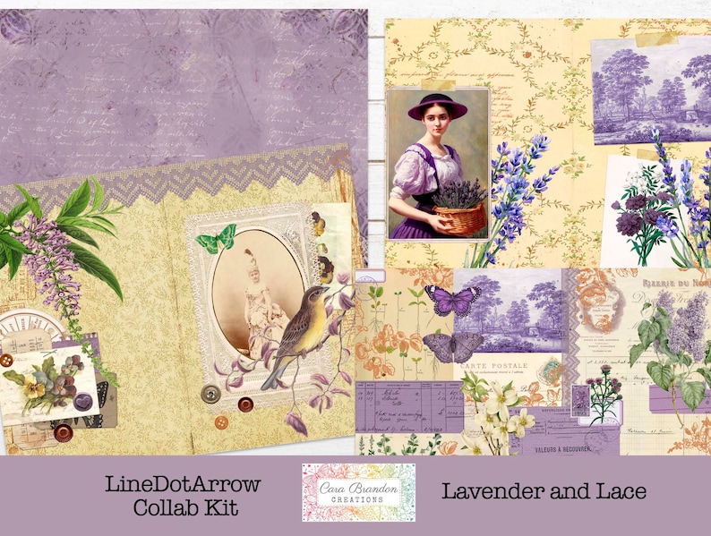 Peut inclure: Un kit de collage num&eacute;rique avec une esth&eacute;tique vintage, comprenant des fleurs de lavande, de la dentelle et une femme en robe violette tenant un panier de lavande. Le kit est intitul&eacute; "Lavender and Lace" et est une collaboration entre LineDotArrow et Clara Brandon Creations.