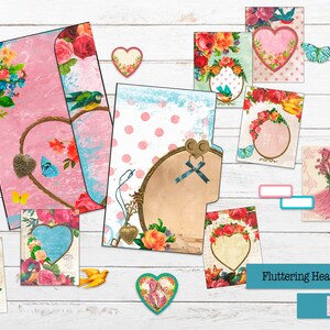 May include: A set of printable digital papers featuring a vintage floral design with hearts, birds, and butterflies. The papers are perfect for scrapbooking, card making, and other paper crafts. The title "Fluttering Hearts Folio" is displayed at the bottom of the image.
