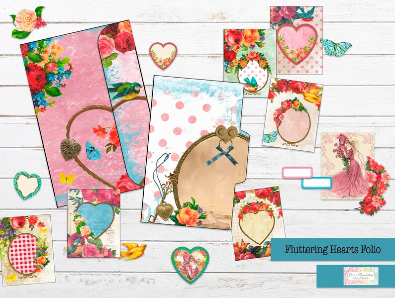 May include: A set of printable digital papers featuring a vintage floral design with hearts, birds, and butterflies. The papers are perfect for scrapbooking, card making, and other paper crafts. The title "Fluttering Hearts Folio" is displayed at the bottom of the image.