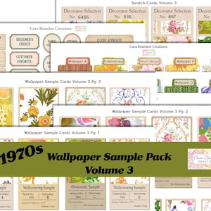 May include: A collection of 1970s wallpaper sample cards featuring various floral and geometric patterns. The sheets include labels such as Decorator Selection, Wallcovering Sample, and Showroom Sample, with text reading 1970s Wallpaper Sample Pack Volume 3.