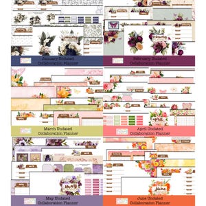 May include: A set of 12 printable planner pages featuring floral designs and the months of the year. Each page includes the text "Undated Collaboration Planner".