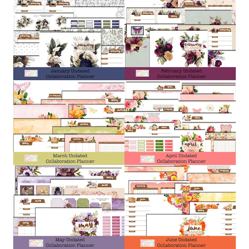 May include: A set of 12 printable planner pages featuring floral designs and the months of the year. Each page includes the text "Undated Collaboration Planner".