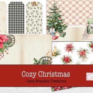 May include: A digital paper pack with a cozy Christmas theme. The pack includes images of a Christmas tree, presents, a fireplace, a plaid pattern, and a poinsettia flower. The text "Cozy Christmas Cara Brandon Creations" is included in the image.
