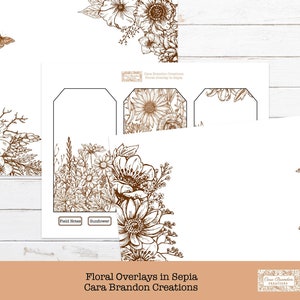 May include: A set of printable floral overlays in sepia tones. The overlays feature various flowers, including sunflowers, daisies, and other wildflowers. The overlays are perfect for adding a touch of vintage charm to your digital projects.