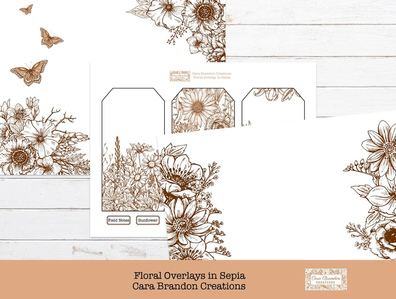 May include: A set of printable floral overlays in sepia tones. The overlays feature various flowers, including sunflowers, daisies, and other wildflowers. The overlays are perfect for adding a touch of vintage charm to your digital projects.