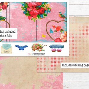 May include: A pink and white folio cover with a floral design and the text "Everything included to make a folio". The cover also includes a heart shape, a bird, and a butterfly.