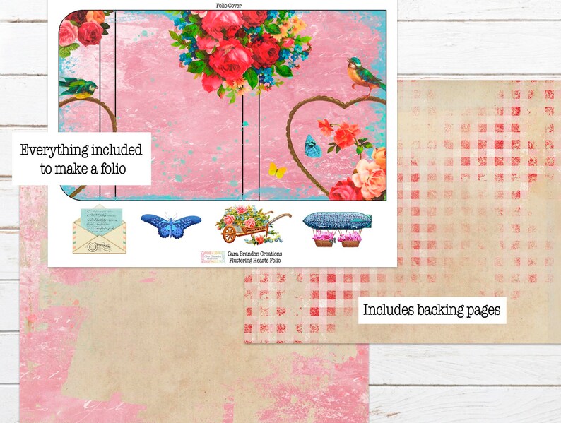 May include: A pink and white folio cover with a floral design and the text "Everything included to make a folio". The cover also includes a heart shape, a bird, and a butterfly.