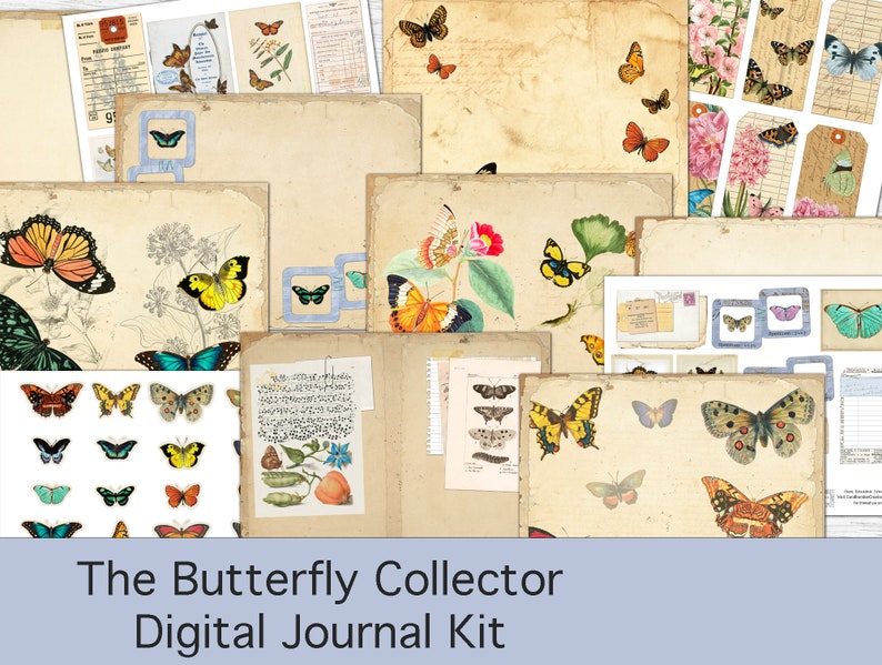 K&ouml;nnte beinhalten: Digitales Journal-Kit mit Schmetterlings-Motiv. Das Kit enth&auml;lt verschiedene Papiere, Etiketten und Bilder von Schmetterlingen in verschiedenen Farben und Mustern. Der Titel "The Butterfly Collector Digital Journal Kit" ist am unteren Rand des Bildes zu sehen.