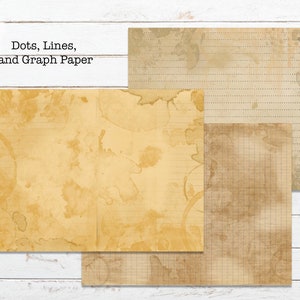 May include: Three sheets of paper with different textures. The first sheet is a light brown with a faded, speckled pattern. The second sheet is a light brown with a grid pattern. The third sheet is a light brown with a lined pattern. The text "Dots, Lines, and Graph Paper" is at the top of the image.