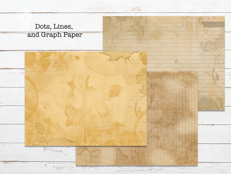 May include: Three sheets of paper with different textures. The first sheet is a light brown with a faded, speckled pattern. The second sheet is a light brown with a grid pattern. The third sheet is a light brown with a lined pattern. The text "Dots, Lines, and Graph Paper" is at the top of the image.
