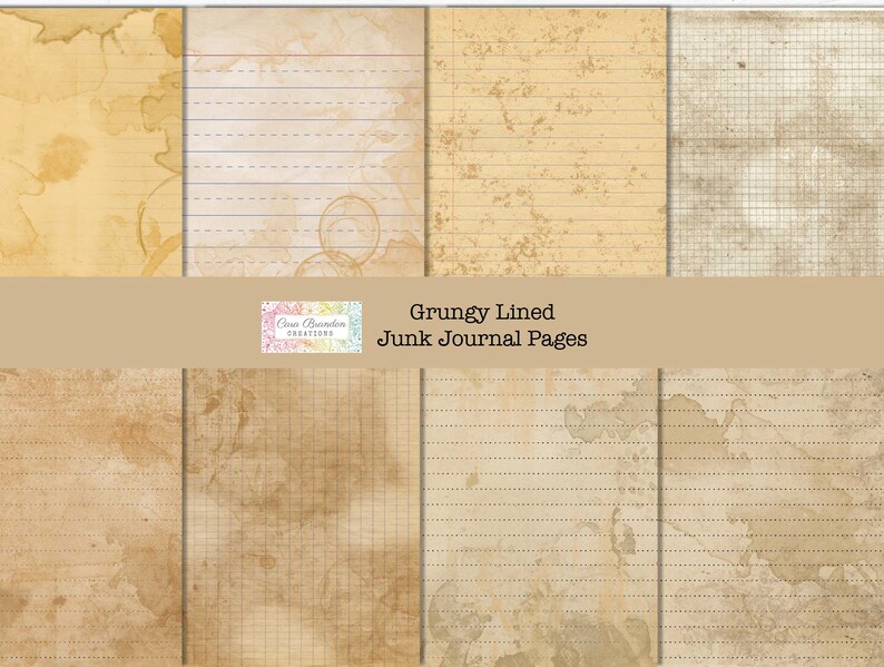 May include: Set of six grunge-style lined journal pages with different textures and patterns. The pages are beige with brown and white lines and grids.