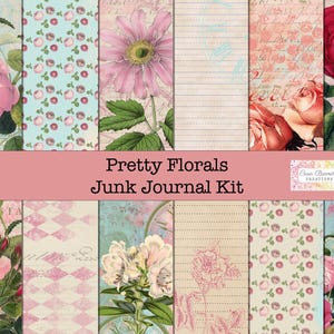 Printable Floral Junk Journal Kit, Shabby Vintage Roses and Clocks,  Pink and Aqua Ephemera Pages, Romantic Printable Journal Kit