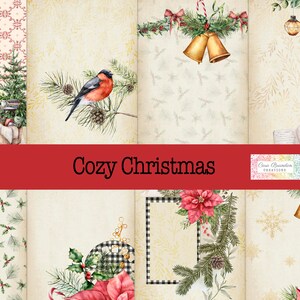 May include: A digital paper pack with a cozy Christmas theme. The pack includes images of a fireplace, a bird, a poinsettia, a bell, and a snowflake. The text "Cozy Christmas" is displayed on a red banner.
