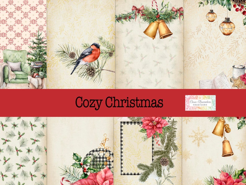 May include: A digital paper pack with a cozy Christmas theme. The pack includes images of a fireplace, a bird, a poinsettia, a bell, and a snowflake. The text "Cozy Christmas" is displayed on a red banner.