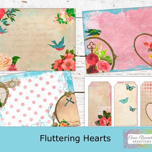 May include: A set of digital scrapbook paper featuring a vintage aesthetic with floral designs, butterflies, hearts, and a quote about spring. The papers are in shades of pink, blue, and white.