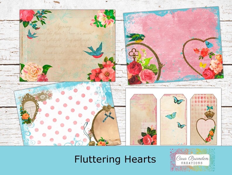 May include: A set of digital scrapbook paper featuring a vintage aesthetic with floral designs, butterflies, hearts, and a quote about spring. The papers are in shades of pink, blue, and white.