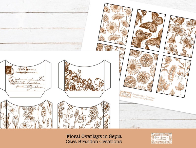 May include: Printable digital download of floral overlays in sepia tones. The set includes 8 different floral designs, perfect for adding a vintage touch to your projects.