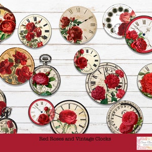May include: A collection of vintage clocks with red roses and gold accents. The clocks are round and have Roman numeral markings. The roses are red and have green leaves. The background is a white wooden surface. Red Roses and Vintage Clocks.