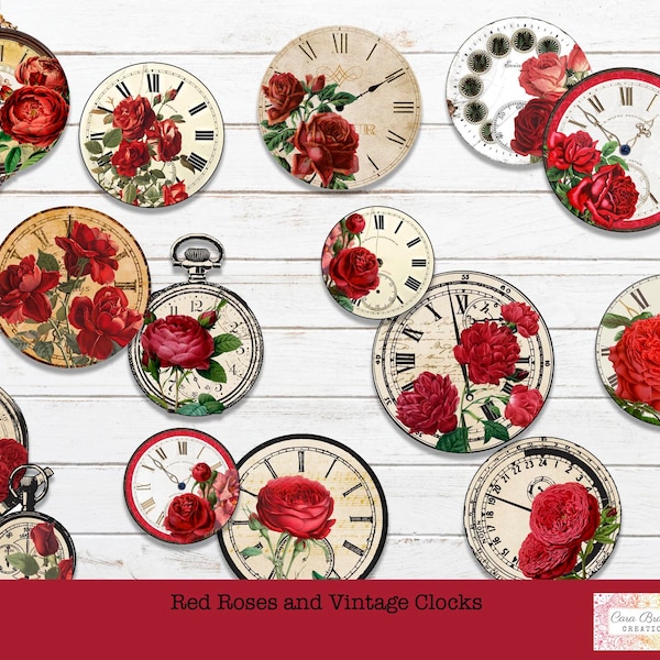 Roses and Clocks Ephemera , Red Roses Ephemera, Vintage Red Roses and Clocks