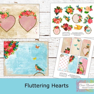 May include: Printable digital paper pack with a vintage aesthetic featuring floral designs, hearts, birds, and butterflies. The pack includes a variety of elements that can be used for scrapbooking, card making, and other craft projects.
