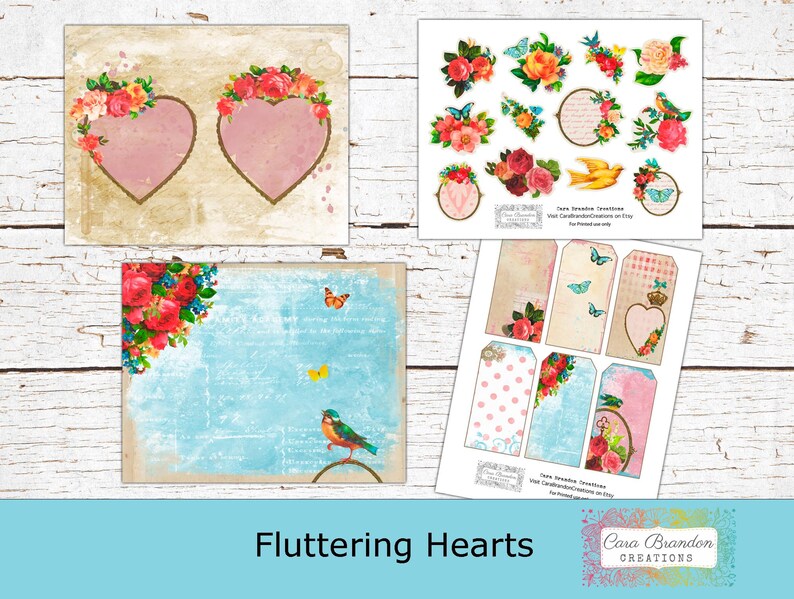 May include: Printable digital paper pack with a vintage aesthetic featuring floral designs, hearts, birds, and butterflies. The pack includes a variety of elements that can be used for scrapbooking, card making, and other craft projects.