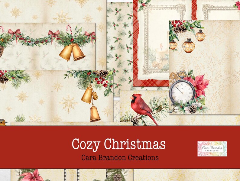 May include: A digital paper pack with a cozy Christmas theme. The pack includes images of red cardinals, bells, wreaths, and other wintery elements. The text "Cozy Christmas Cara Brandon Creations" is displayed on a red banner.
