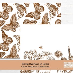 May include: A digital paper pack with a sepia toned floral pattern featuring butterflies and a dragonfly. The pattern is repeated on the left side of the image. The right side of the image features a border of flowers and leaves. The text "Floral Overlays in Sepia Cara Brandon Creations" is at the bottom of the image.