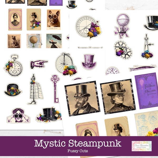 Steampunk Fussy Cuts, Steampunk Junk Journal Kit, Steampunk Ephemera, Purple Junk Journal Kit