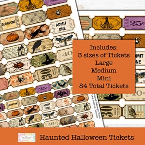 May include: A set of 84 printable Halloween tickets in three sizes: large, medium, and mini. The tickets feature a variety of spooky and whimsical designs, including bats, spiders, pumpkins, and owls. The tickets are perfect for adding a touch of Halloween fun to your party or event.