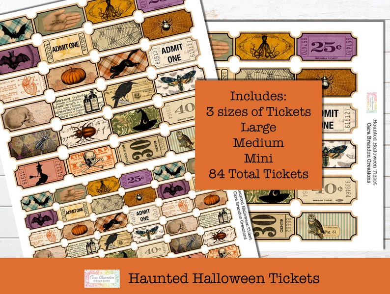 May include: A set of 84 printable Halloween tickets in three sizes: large, medium, and mini. The tickets feature a variety of spooky and whimsical designs, including bats, spiders, pumpkins, and owls. The tickets are perfect for adding a touch of Halloween fun to your party or event.