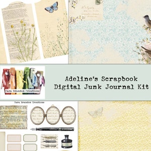 May include: Digital scrapbook junk journal kit with a variety of images, including birds, butterflies, flowers, and text. The kit also includes a variety of papers, embellishments, and other supplies.