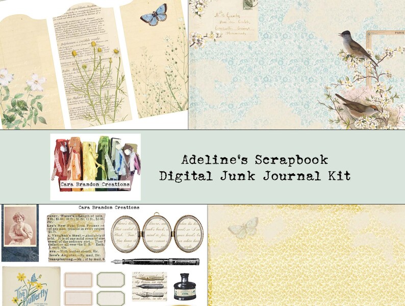 May include: Digital scrapbook junk journal kit with a variety of images, including birds, butterflies, flowers, and text. The kit also includes a variety of papers, embellishments, and other supplies.