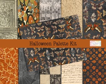 May include: A collection of patterned papers with a Halloween theme. The papers feature various designs, including butterflies, spiderwebs, maps, and floral patterns in shades of orange, black, and brown. The text "Halloween Palette Kit" is displayed on an orange banner.
